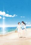  2girls barefoot beach black_hair brown_hair cloud eye_contact footprints fragtime highres key_visual long_hair looking_at_another moritani_misuzu multiple_girls murakami_haruka ocean official_art shadow shoes_on_hands shoes_removed short_hair sky slippers slippers_removed sun sunlight walking wind 