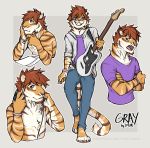  2019 5_toes anthro barefoot biped brown_hair clothed clothing digital_media_(artwork) felid fur grey_background hair lukiri male mammal open_mouth pantherine purple_eyes simple_background solo standing striped_fur stripes teeth tiger toes tongue 