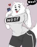  &lt;3 2019 anthro big_breasts black_nose blush bottomwear breasts canid canine canis cellphone clothed clothing domestic_dog english_text female fingers fluffy fluffy_tail fur hi_res holding_object huge_breasts josun looking_at_viewer mammal nordic_sled_dog pants phone samoyed shirt short_shorts shorts simple_background smile snout solo speech_bubble spitz standing text thick_thighs tongue tongue_out topwear white_fur 