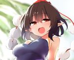  1girl :o bangs bare_shoulders blue_background blurry blurry_background blush breasts brown_hair commentary_request eyebrows_visible_through_hair gradient gradient_background hair_between_eyes hat kamukamu_(ars) looking_at_viewer medium_breasts open_mouth pointy_ears pom_pom_(clothes) red_eyes shameimaru_aya short_hair sidelocks solo tassel tokin_hat touhou upper_body white_background 