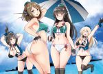  4girls adapted_costume amanogami_dai ass atago_(kantai_collection) beret bikini black_bikini black_gloves black_hair black_legwear blonde_hair blue_eyes blue_sky breasts brown_hair choukai_(kantai_collection) cleavage cloud commentary_request day dutch_angle feet_out_of_frame fingerless_gloves glasses gloves green_eyes groin hair_ornament hairclip hat headgear kantai_collection large_breasts leaning_forward long_hair looking_at_viewer maya_(kantai_collection) midriff mini_hat mismatched_bikini multiple_girls navel one_eye_closed open_mouth outdoors race_queen red_eyes remodel_(kantai_collection) rimless_eyewear short_hair silhouette sky smile standing swimsuit takao_(kantai_collection) thighhighs umbrella upper_teeth v white_bikini_bottom x_hair_ornament 