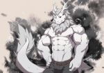  absurd_res alaskanya anthro ao_lie asian_mythology big_muscles bottomwear clothed clothing dragon east_asian_mythology eastern_dragon fei_ren_zai_(non_human) hi_res horn jeans male mane muscular mythology pants scalie solo tail_tuft tall thick_arms topless tuft 
