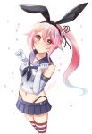  1girl black_panties blue_hair cosplay cowboy_shot elbow_gloves feet_out_of_frame flower gloves gradient_hair hair_flower hair_ornament hair_ribbon harusame_(kantai_collection) highleg highleg_panties ittokyu kantai_collection long_hair microskirt multicolored_hair navel panties pink_eyes pink_hair red_eyes ribbon shimakaze_(kantai_collection) shimakaze_(kantai_collection)_(cosplay) side_ponytail simple_background skirt solo striped striped_legwear underwear white_gloves 