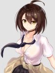  1girl ahoge azur_lane baltimore_(after-school_ace)_(azur_lane) baltimore_(azur_lane) bangs black_skirt blush braid breasts brown_hair choker cleavage closed_mouth clothes_around_waist collarbone collared_shirt dress_shirt edobox hair_between_eyes large_breasts looking_at_viewer necktie pleated_skirt school_uniform shirt short_hair short_sleeves simple_background skirt smile solo white_background white_shirt yellow_eyes 