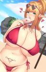  1girl bangs bare_shoulders beach bikini blonde_hair blue_sky breasts cellphone choker cleavage cloud commentary_request covering_mouth curvy earrings elf eyebrows_visible_through_hair eyewear_on_head green_eyes hawayu heart high_ponytail highres holding holding_phone huge_breasts jewelry large_breasts long_hair looking_at_viewer mole mole_under_eye navel necklace ocean original phone pointy_ears ponytail red_bikini shore side-tie_bikini sky smartphone sunglasses swimsuit tattoo thighs underboob 