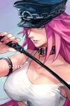  1girl armband big_hair blue_eyes breasts close-up closed_mouth collar collarbone evolution_championship_series final_fight fingernails hankuri hat large_breasts lipstick long_fingernails long_hair makeup nail_polish newhalf peaked_cap pink_hair pink_nails poison_(final_fight) riding_crop simple_background solo street_fighter street_fighter_iv_(series) street_fighter_v tank_top upper_body 