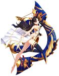  1girl anklet armlet bare_shoulders barefoot black_ribbon breasts choker earrings fate/grand_order fate_(series) full_body heavenly_boat_maanna highres holding holding_sword holding_weapon hoop_earrings ishtar_(fate/grand_order) jewelry long_hair looking_at_viewer medium_breasts navel red_eyes ribbon rx7649 simple_background single_sleeve single_thighhigh solo sword thighhighs tiara toeless_legwear two_side_up weapon white_background white_bikini_top 