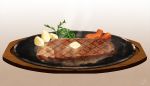  brown_background butter carrot food gradient gradient_background grey_background mocha_(cotton) no_humans original plate potato scenery signature steak steam 