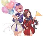  2girls ;) balloon bangs bow bowtie breasts brown_hair chocoan cleavage dress fate/grand_order fate_(series) flag hair_bow hand_on_hip hat leonardo_da_vinci_(rider)_(fate) mash_kyrielight multiple_girls one_eye_closed parted_bangs ponytail purple_eyes purple_hair short_hair simple_background smile white_background 