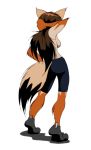  anthro breasts brown_fur brown_hair canid canine canis clothed clothing coyote female footwear fur grummancat hair hi_res latra_(grummancat) mammal shoes solo topless yoga_pants 