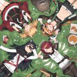  4girls animal_ears arknights arms_behind_head cellphone closed_eyes croissant croissant_(arknights) exusiai_(arknights) fingerless_gloves food from_above gloves grass gun hand_on_forehead highres horns jacket kataokasan lying multiple_girls name_tag on_back one_eye_closed phone pie pocky self_shot sora_(arknights) submachine_gun tail texas_(arknights) v weapon wings 