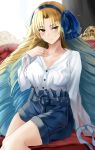  1girl astraea_(fate/grand_order) bangs belt big_hair blonde_hair blue_hair blue_skirt blush bow breasts buttons cleavage drill_hair fate/grand_order fate_(series) gradient_hair hair_bow hairband hand_on_own_chest high-waist_skirt highres large_breasts long_hair long_sleeves looking_at_viewer multicolored_hair nikek96 parted_bangs shirt sitting skirt solo thighs very_long_hair white_shirt yellow_eyes 