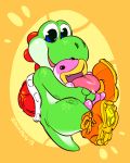  2019 clothing digital_media_(artwork) duo footwear hi_res mario_bros nintendo open_mouth poochy shoes smile tongue video_games yoshi zummeng 