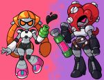  2girls arm_cannon armor armored_boots boots clenched_hand crossover digital_media_(artwork) duo evil_eyes evil_smile eyelashes female female_focus hair hair_over_one_eye ink ink_tank_(splatoon) inkling inkling_girl mechanical multicolored_background nintendo octoling orange_eyes orange_hair red_eyes red_hair robot robot_girl screw shenanimation shoes shorts splatoon splatoon_(series) tentacle_hair transformers 