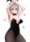  1girl animal_ears arms_up blush bow bowtie breasts breasts_apart bunny_day bunny_ears bunny_pose bunnysuit commentary_request covered_navel detached_collar drill_hair fake_animal_ears fishnet_pantyhose fishnets grey_hair heart highres idolmaster idolmaster_cinderella_girls kanzaki_ranko leotard looking_at_viewer medium_breasts pantyhose red_eyes senju_(snz0) simple_background solo strapless strapless_leotard twin_drills white_background 