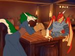  absurd_res anthro armor candle clothed clothing digital_media_(artwork) dragon duo female fur green_fur hi_res male mammal sergal smile tavern waiter 