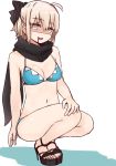  1girl ahoge bangs bare_arms bare_shoulders bikini black_bow black_footwear black_scarf blonde_hair blue_bikini bow breasts brown_eyes cleavage colored_shadow commentary_request drooling eyebrows_visible_through_hair fate/grand_order fate_(series) full_body hair_between_eyes hari_i high_heels i.u.y koha-ace looking_at_viewer mouth_drool navel okita_souji_(fate) okita_souji_(fate)_(all) open_mouth sandals scarf shaded_face shadow sidelocks small_breasts solo squatting swimsuit white_background 