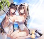  2girls animal_ears atago_(azur_lane) atago_(midsummer_march)_(azur_lane) azur_lane bangs beach beach_mat beach_umbrella bikini black_hair blue_sky blush bow breasts brown_eyes casual_one-piece_swimsuit cleavage criss-cross_halter day extra_ears eyebrows_visible_through_hair flower hair_bow hair_flower hair_ornament halterneck holding holding_umbrella large_breasts long_hair looking_at_viewer mole mole_under_eye multiple_girls navel one-piece_swimsuit outdoors pnatsu ponytail ribbon sitting sky smile sunlight swimsuit takao_(azur_lane) takao_(beach_rhapsody)_(azur_lane) umbrella very_long_hair wariza white_bikini white_bow 