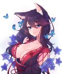  1girl animal_ear_fluff animal_ears azur_lane bangs black_hair black_kimono blue_eyes blue_flower breasts bug butterfly cat_ears cleavage closed_mouth collarbone commentary_request eyebrows_visible_through_hair flower fusou_(azur_lane) hair_between_eyes head_tilt highres insect japanese_clothes kimono large_breasts long_hair long_sleeves looking_at_viewer shichijou_natori simple_background smile solo white_background wide_sleeves 