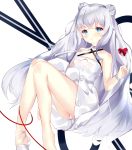  1girl azur_lane bangs blue_eyes chinese_commentary choker commentary_request double_bun dress eyebrows_visible_through_hair feet_out_of_frame halterneck heart highres le_malin_(azur_lane) le_malin_(the_knight&#039;s_true_nature)_(azur_lane) long_hair panties pantyshot red_string sidelocks silver_hair solo string sundress underwear user_fmc4383 very_long_hair white_dress white_footwear white_panties 