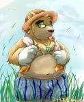  2019 anthro belly bodily_fluids brown_fur bulge clothing eyewear fur glasses gloves handwear hat headgear headwear humanoid_hands japanese_text male mammal moobs navel outside overweight overweight_male solo straw_hat sweat text tokyo_afterschool_summoners tongue tongue_out towel underwear ursid video_games volos yukino_kouta 