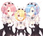  3girls apron bangs black_dress black_sleeves blonde_hair blue_eyes blue_hair blush breasts character_request cleavage closed_mouth commentary_request detached_sleeves dress frilled_apron frills hair_ornament hair_over_one_eye hair_ribbon hairclip highres juliet_sleeves leaning_forward light_(luxiao_deng) long_sleeves medium_breasts multiple_girls open_mouth pink_hair pink_ribbon puffy_sleeves purple_ribbon ram_(re:zero) re:zero_kara_hajimeru_isekai_seikatsu red_eyes rem_(re:zero) ribbon ribbon-trimmed_sleeves ribbon_trim round_teeth short_hair simple_background small_breasts smile sparkle teeth upper_teeth waist_apron white_apron white_background x_hair_ornament 