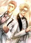  2boys beard blue_eyes blush brown_hair facial_hair fate/grand_order fate_(series) formal glasses highres james_moriarty_(fate/grand_order) long_sleeves looking_at_viewer male_focus multiple_boys mustache napoleon_bonaparte_(fate/grand_order) necktie one_eye_closed simple_background smile teeth uniform white_hair zuman_(zmnjo1440) 