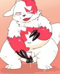  2019 anthro balls belly blush bodily_fluids censored cum cute_fangs genital_fluids hi_res male mammal navel nintendo overweight overweight_male penis pok&eacute;mon pok&eacute;mon_(species) simple_background solo tiri_mama video_games zangoose 