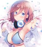  1girl armpit_peek bare_shoulders bikini blue_bikini blue_eyes blue_jacket blurry breasts brown_hair cleavage closed_mouth commentary_request covered_nipples depth_of_field floating_hair go-toubun_no_hanayome hair_between_eyes hands_up headphones headphones_around_neck jacket large_breasts long_hair long_sleeves looking_at_viewer nakano_miku naruse_mamoru off_shoulder open_clothes open_jacket sidelocks smile solo swimsuit upper_body water_drop 