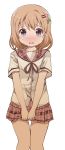  1girl bangs black_neckwear black_ribbon blush brown_hair collarbone embarrassed eyebrows_visible_through_hair flat_chest flower gochuumon_wa_usagi_desu_ka? hair_flower hair_ornament hairclip hands_together have_to_pee hoto_cocoa looking_at_viewer miniskirt neck_ribbon nose_blush open_mouth pink_flower pink_sailor_collar pink_skirt plaid plaid_skirt pleated_skirt purple_eyes ratryu ribbon sailor_collar school_uniform serafuku shiny shiny_hair shirt short_hair short_sleeves simple_background skirt skirt_grab solo standing tears thigh_gap v_arms white_background white_shirt wide-eyed 