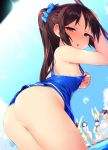  5girls :o ass back bangs bare_arms blue_swimsuit blush bow brown_eyes brown_hair cloud eyebrows_visible_through_hair flat_chest hair_bow half-closed_eyes idolmaster idolmaster_cinderella_girls long_hair looking_at_viewer looking_back multiple_girls one-piece_swimsuit parted_bangs parted_lips ponytail satou_kuuki sky sweat swimsuit tachibana_arisu 