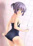  1girl :o adjusting_clothes adjusting_swimsuit ass bangs bare_arms bare_shoulders black_ribbon blurry blurry_background blush breasts brick_wall commentary_request depth_of_field dutch_angle eyebrows_visible_through_hair hair_between_eyes hair_ribbon highres holding nose_blush original parted_lips purple_hair ribbon school_swimsuit shibacha shower_head sidelocks small_breasts solo swimsuit swimsuit_pull twintails water wet 