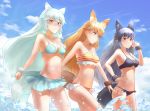  3girls absurdres animal_ears arctic_fox_(kemono_friends) bare_shoulders bikini bikini_skirt black_bikini blonde_hair blue_bikini blue_sky breasts cloud commentary day extra_ears eyebrows_visible_through_hair ezo_red_fox_(kemono_friends) fox_ears fox_tail grey_hair hand_on_hip hand_on_own_chest hand_up highres kemono_friends lichtendamiuntis long_hair medium_breasts multiple_girls navel orange_bikini outdoors red_eyes silver_fox_(kemono_friends) sky smile stomach striped striped_bikini swimsuit tail very_long_hair wading water water_drop white_hair yellow_eyes 