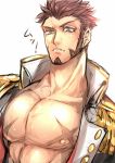  ! 1boy abs bara beard blue_eyes blush brown_hair chest epaulettes facial_hair fate/grand_order fate_(series) highres jacket long_sleeves looking_at_viewer male_focus muscle napoleon_bonaparte_(fate/grand_order) nipples open_clothes open_jacket pectorals raised_eyebrows scar solo translation_request uniform white_background zuman_(zmnjo1440) 