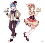  1boy 1girl :d absurdres animal animal_ears animal_hat animal_on_shoulder belt belt_buckle bendy_straw bird black_belt black_footwear blue_eyes blue_hair blue_neckwear blush bow breasts brown_eyes brown_footwear brown_hair brown_headwear brown_jacket brown_pants brown_skirt buckle bunny_ears bunny_hat cake center_frills chick closed_mouth collared_shirt cup diagonal_stripes dress_shirt drinking_glass drinking_straw fake_animal_ears food frills gloves hand_up hat highres holding holding_plate jacket kaito long_sleeves looking_at_viewer mary_janes meiko mini_hat mini_top_hat mismatched_legwear open_clothes open_jacket open_mouth pants penguin plate pleated_skirt pudding red_bow sakura_oriko shirt shoes short_hair simple_background skirt small_breasts smile striped thighhighs tilted_headwear tongue tongue_out top_hat underboob upper_teeth vocaloid watermark white_background white_gloves white_legwear white_shirt yellow_bow 
