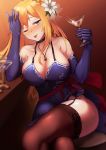  1girl :p bangs bare_shoulders blonde_hair blue_dress blue_eyes blue_gloves blush breasts brown_legwear choker cleavage collarbone crossed_legs cup dress elbow_gloves eyebrows_visible_through_hair garter_straps girls_frontline gloves hair_between_eyes highres holding holding_cup large_breasts lodbyy long_hair looking_at_viewer mosin-nagant_(girls_frontline) revision sash sidelocks sitting smile solo thighhighs tongue tongue_out 