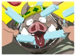  2019 anthro armor beard blush clothing eyes_closed facial_hair food group hat headgear headwear helmet hi_res innuendo male mammal overweight overweight_male penis popsicle simple_background solo_focus suid suina sus_(pig) taro_heppoko tongue tongue_out wild_boar 