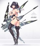  1girl 2d bikini black_hair breasts choker cleavage eyepatch_bikini full_body gloves grey_background high_heels javelin javelin_gun large_breasts leg_armor logo maid maid_headdress mecha multicolored_hair original purple_eyes red_hair short_hair skindentation smile solo streaked_hair swimsuit thighhighs two-tone_hair white_gloves 