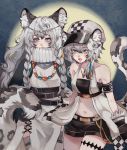  2girls absurdres animal_ear_fluff animal_ears arknights armband bandeau bangs bare_arms bare_shoulders bead_necklace beads belt black_belt black_gloves black_shorts blue_background braid checkered chinese_commentary cliffheart_(arknights) commentary_request cowboy_shot dress eyebrows_visible_through_hair fangs full_moon fur-trimmed_gloves fur_trim gloves grey_eyes hair_between_eyes halterneck hat headpiece highres jewelry jiulang_liangliang long_hair looking_at_viewer moon multiple_girls navel necklace open_mouth peaked_cap pelvic_curtain pendant pramanix_(arknights) short_hair short_shorts shorts silver_hair standing stomach strapless tail thigh_strap thighs tiger_ears tiger_tail tubetop turtleneck turtleneck_dress twin_braids white_belt white_dress 