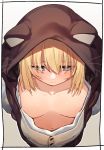  1girl animal_ears animal_hood azur_lane bataan_(azur_lane) blonde_hair blue_eyes blush border breasts cat_ears cat_hood cleavage collarbone fake_animal_ears fake_whiskers hood hoodie kei_(soundcross) pajamas pillow short_hair 