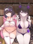  2girls bakutendou bat_cutout bikini bow breasts brown_hair cleavage cleavage_cutout closed_mouth collarbone commentary_request double_bun eyebrows_visible_through_hair fate/grand_order fate_(series) gradient_hair hair_bow hairband highres large_breasts long_hair looking_at_viewer multicolored_hair multiple_girls murasaki_shikibu_(fate) navel open_mouth osakabe-hime_(fate/grand_order) pale_skin parted_lips purple_bow purple_eyes red_eyes sitting swimsuit thighhighs white_hairband white_legwear 