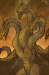  black_sclera brown_background dragon glowing glowing_eyes godzilla:_king_of_the_monsters godzilla_(series) horns king_ghidorah monster no_humans open_mouth ratryu sharp_teeth simple_background solo teeth white_eyes wings 
