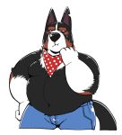  2019 anthro belly black_fur blush bottomwear canid canine canis clothing domestic_dog fur hi_res humanoid_hands jumperbear male mammal moobs navel overweight overweight_male pants simple_background solo white_background white_fur 