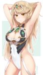  1girl adapted_costume armpits arms_behind_head arms_up ass_visible_through_thighs bangs bare_arms bare_shoulders breasts brown_eyes brown_hair cleavage cleavage_cutout closed_mouth cowboy_shot earrings frown headdress hikari_(xenoblade_2) jewelry kyarotto_(zenkixd) large_breasts long_hair looking_at_viewer one-piece_swimsuit sidelocks solo standing swept_bangs swimsuit thighs twitter_username xenoblade_(series) xenoblade_2 