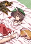  1girl :o animal_ears blush brown_hair cat cat_ears chen commentary_request eyebrows_visible_through_hair feet_out_of_frame futon green_headwear hair_between_eyes hat highres long_sleeves lying mob_cap on_side petticoat red_skirt red_vest shirt short_hair skirt sleeping sugiyama_ichirou tatami touhou under_covers vest white_shirt 