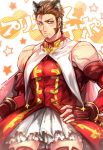  1boy abs animal_ears bare_shoulders beard blue_eyes blush brown_hair cape chest cosplay facial_hair fate/grand_order fate_(series) flustered gloves hand_on_hip highres looking_at_viewer male_focus muscle napoleon_bonaparte_(fate/grand_order) skirt solo thighs zuman_(zmnjo1440) 