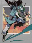  1boy circlet curly_hair dragon_quest dragon_quest_iv earrings fujimoto_hideaki full_body green_hair hat helmet hero_(dq4) jewelry long_hair looking_at_viewer male_focus shield simple_background smile solo super_smash_bros. sword weapon 