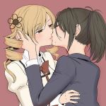  2girls ayanero_taicho blonde_hair blush bow brown_hair closed_eyes drill_hair formal hair_ornament hug kiss mahou_shoujo_madoka_magica mole mole_under_mouth multiple_girls office_lady ponytail school_uniform suit tomoe_mami twin_drills upper_body yellow_eyes yuri 