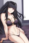  1girl aslindsamure bangs bare_shoulders black_bra black_hair black_panties blunt_bangs bra breasts cleavage closed_mouth collarbone fire_emblem fire_emblem_awakening grey_eyes highres large_breasts leaning_back long_hair looking_at_viewer multi-strapped_panties navel panties smile solo tharja thighs two_side_up underwear 