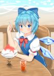  1girl :/ ahoge bangs beach blue_dress blue_eyes blue_hair blush bow chair cirno commentary_request cup day deck dress drinking_glass eyebrows_visible_through_hair furrowed_eyebrows hair_between_eyes hair_bow holding holding_spoon ice looking_at_viewer ocean outdoors pinafore_dress puffy_short_sleeves puffy_sleeves red_neckwear red_ribbon ribbon rururiaru shaved_ice shirt short_hair short_sleeves sitting solo spoon table touhou white_shirt wings 